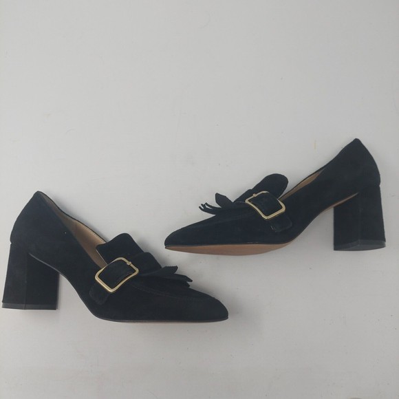 Vince Camuto Giuliann Black Suede Leather Fringe Block Heel Pumps Size 6 M - Picture 2 of 8